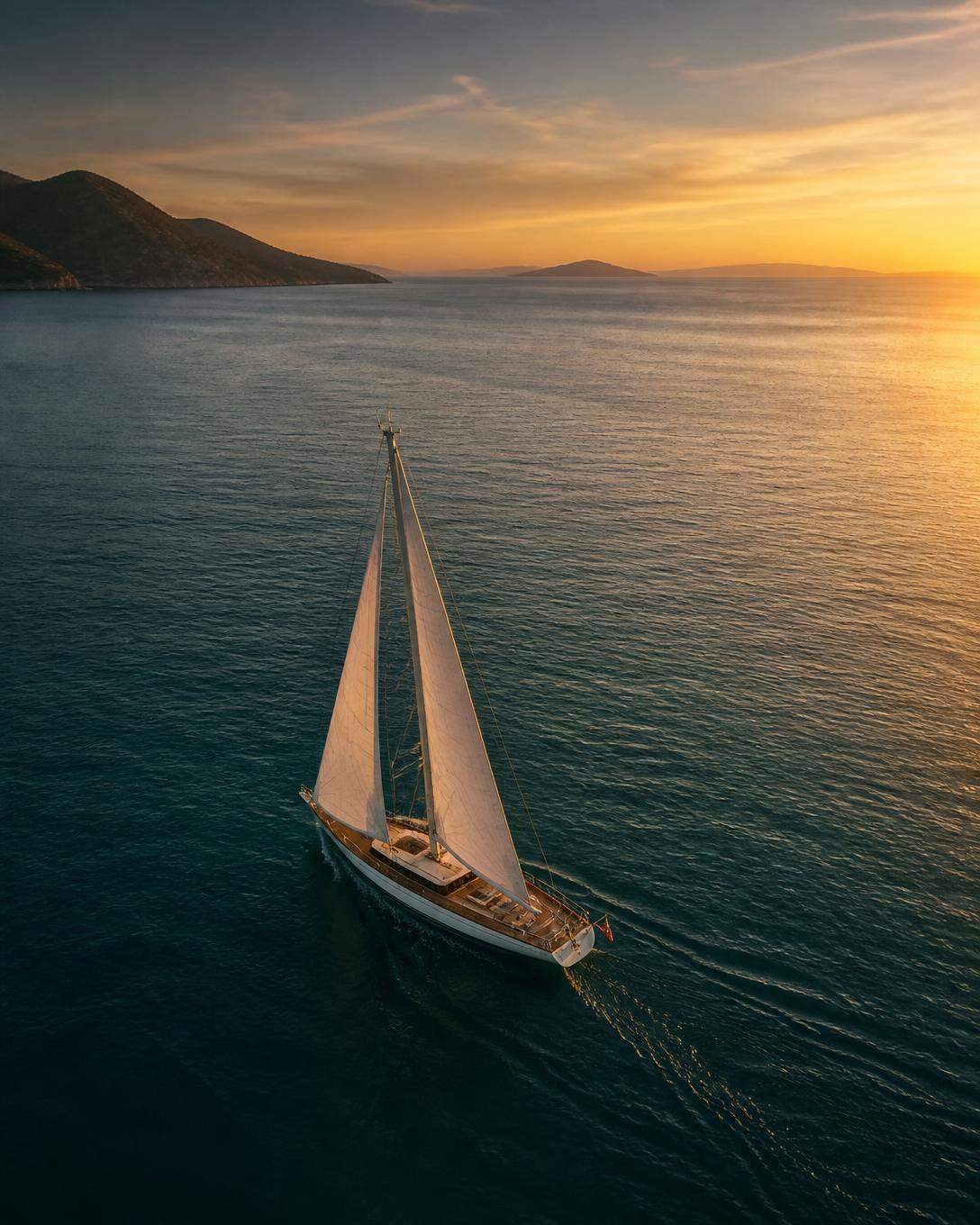 Voilier au crépuscule sur une mer calme, horizon doré